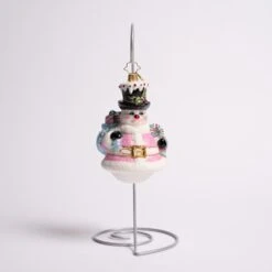 Pink Peppermint Snowman Glass Ornament