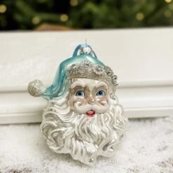 Glass Teal Santa Ornament